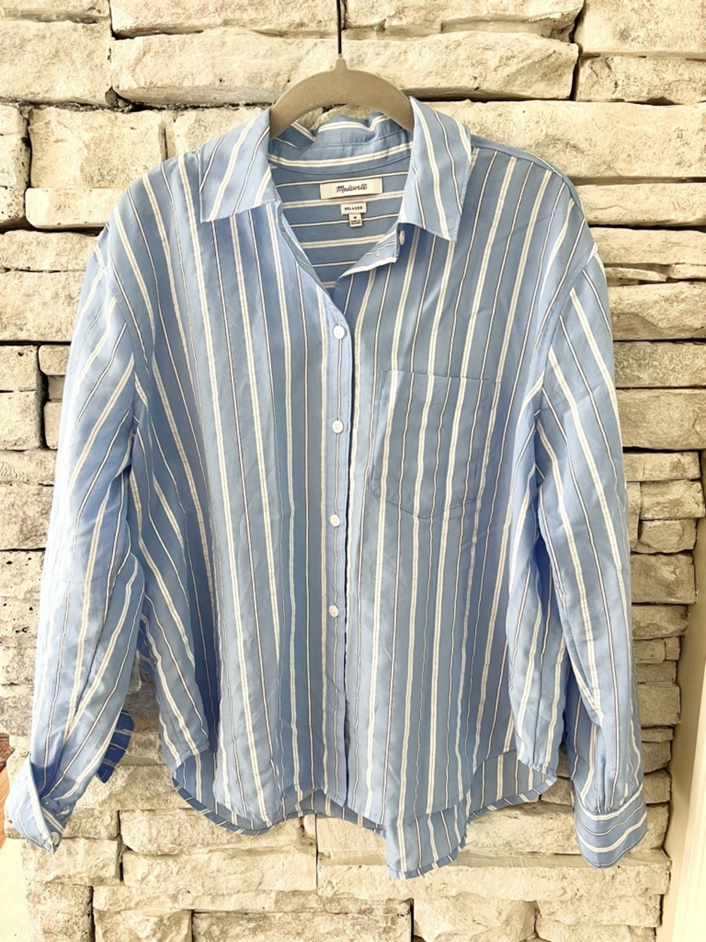 Madewell Blue and White Vertical Stripe Button-Down Blouse